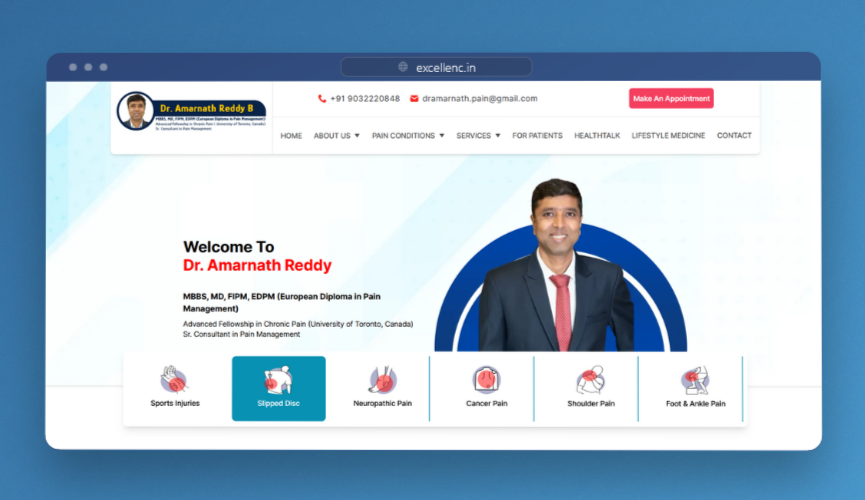 Screenshot of Dr. Amar Reddy Pain Center website - Developed by Rahul Katari