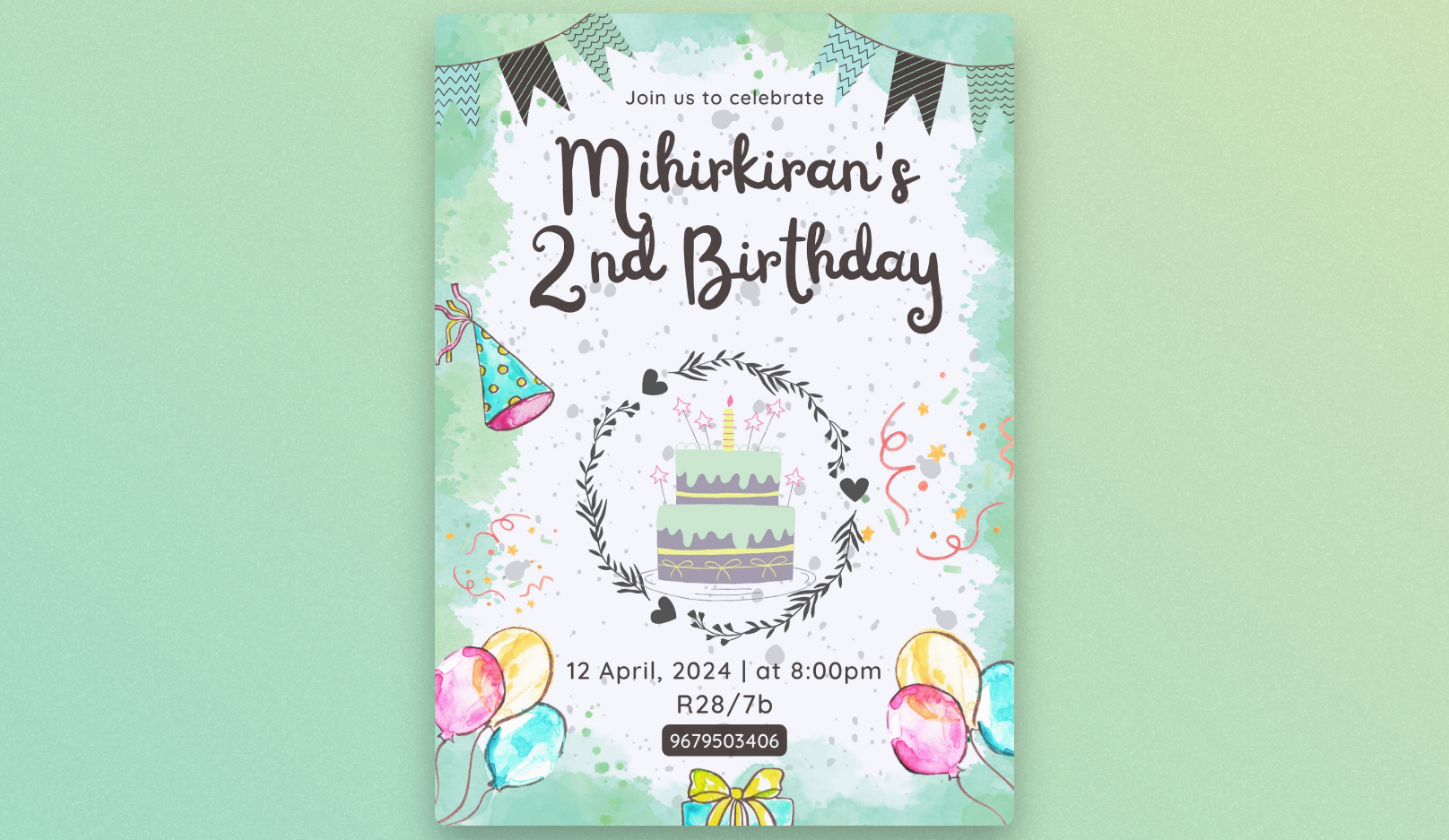Playful 2nd Birthday Invitation for Mihirkiran with a pastel green theme, balloons, and cake illustration, designed Rahul Katari