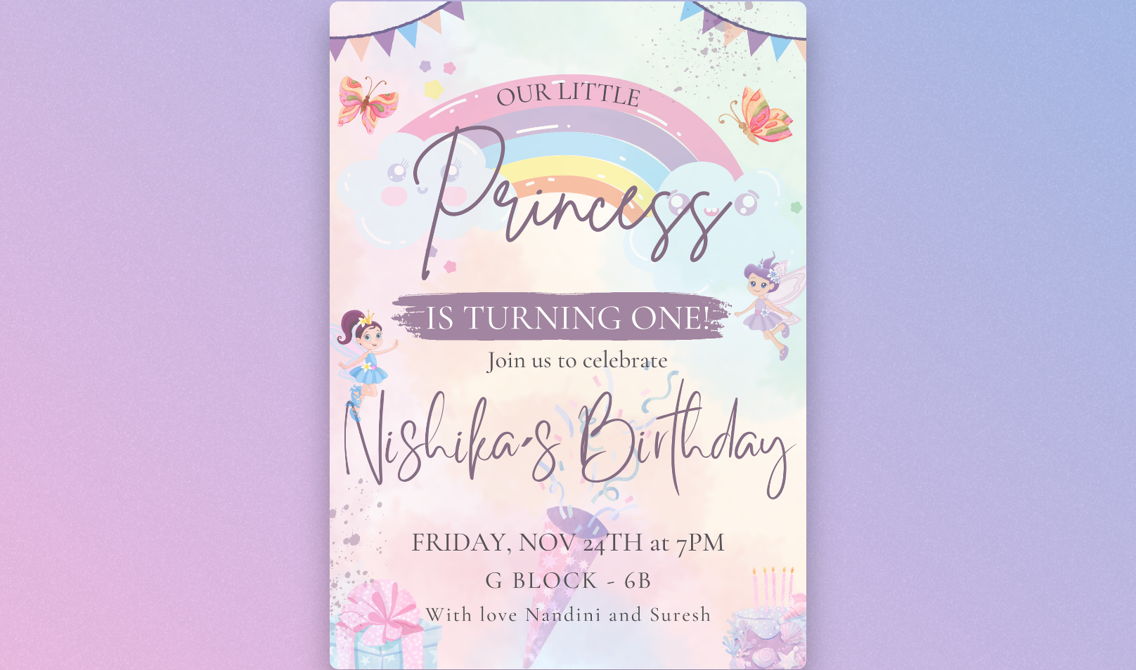 Beautiful 1st Birthday Invitation for Nishika with pastel rainbow theme, designed by Rahul Katari