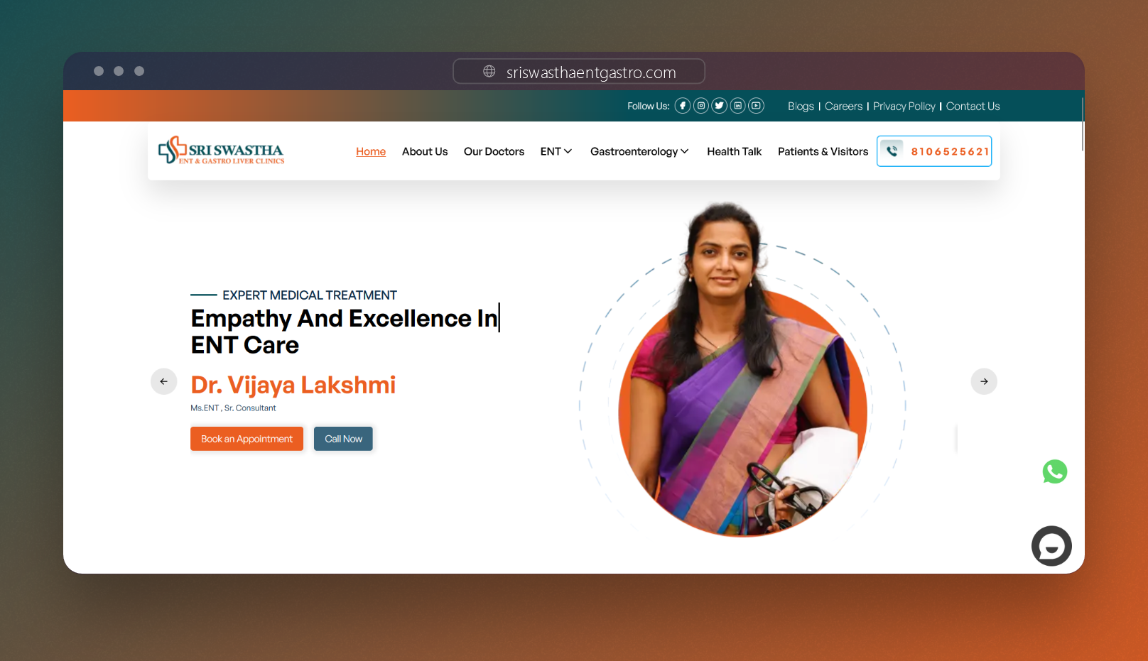 Screenshot of Sri Swastha ENT Gastro - Website developed by Rahul Katari